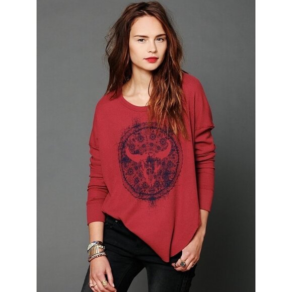 Free People Tops - Free People Burgundy Graphic Bull Print Waffle Knit Thermal Top M | Western Boho